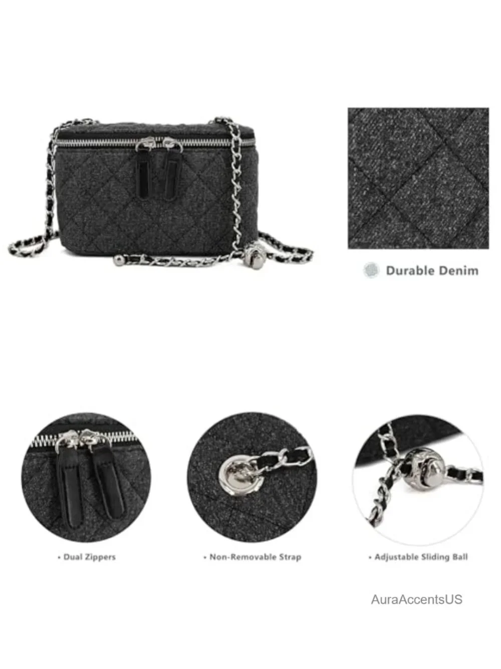 Mini Quilted Denim Crossbody Bag with Adjustable Chain Strap